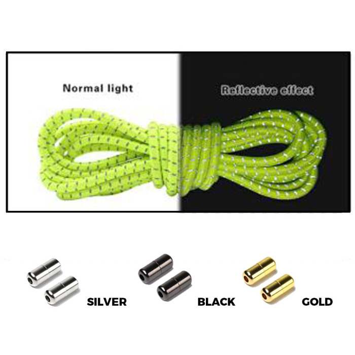 Neon Yellow Grey Capsule Lock Round Reflective Elastic Shoelace