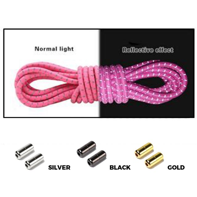 Pink Grey Capsule Lock Round Reflective Elastic Shoelace