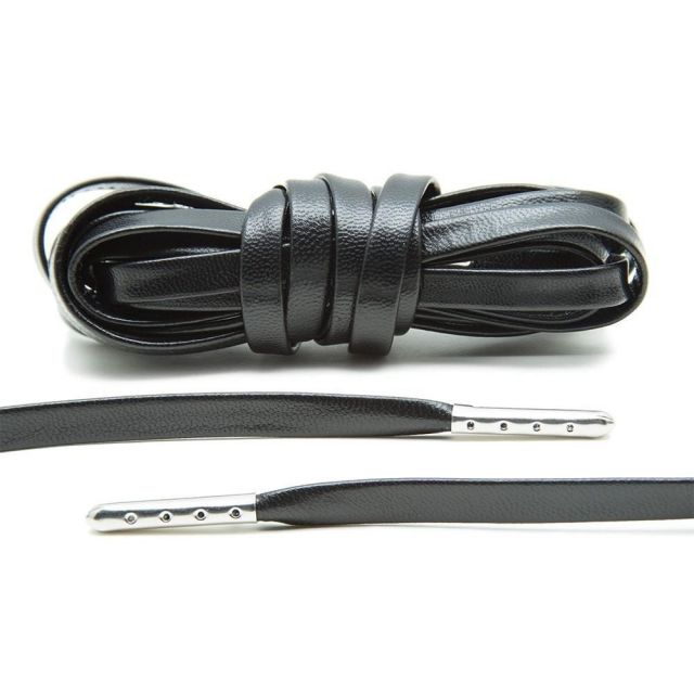 Leather Shoelaces - Black with Silver Aglets 120 cm Flat