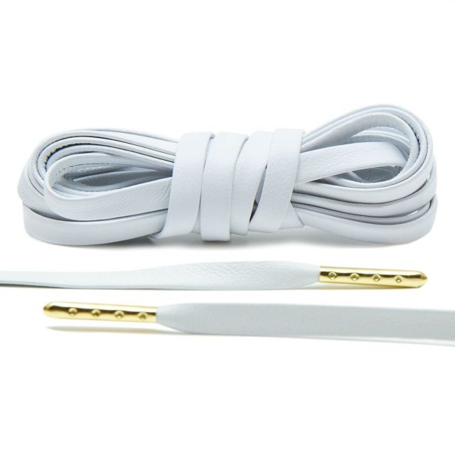 Leather Shoelaces - White with Gold Aglets 120 cm Flat