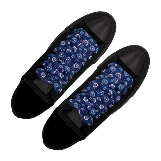 Organza Floral Fashion Shoelaces - Blue 120cm Length 2.5cm Width Flat