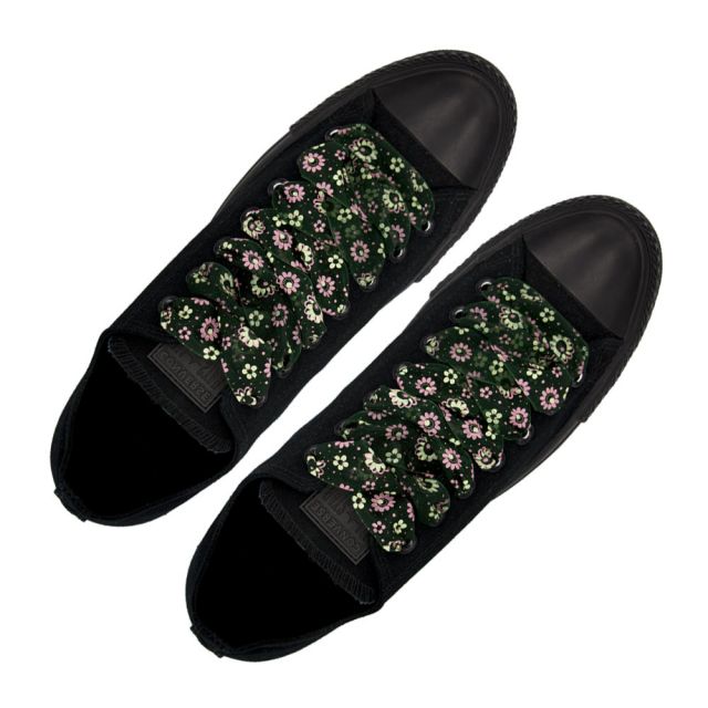 Organza Floral Fashion Shoelaces - Green 120cm Length 2.5cm Width Flat