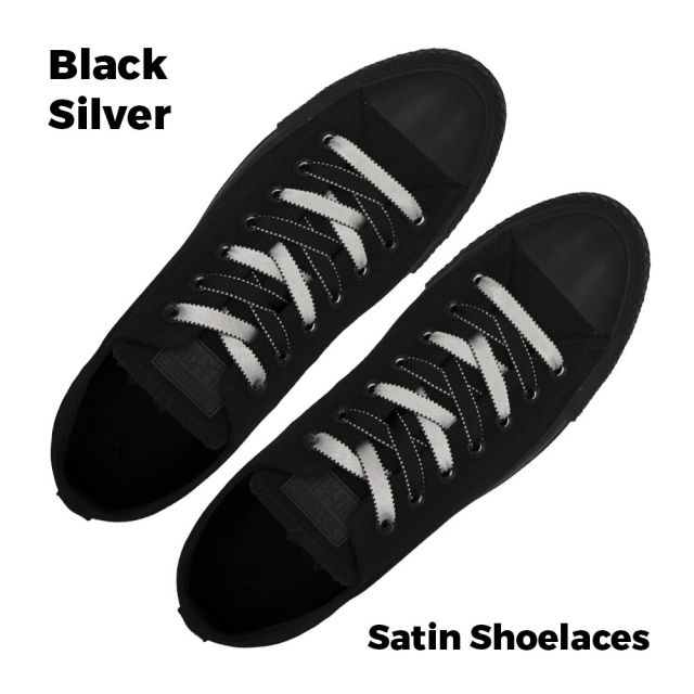 Satin Ribbon Shoelaces Two Tone Flat Black Silver - 100cm Length - 1cm Width