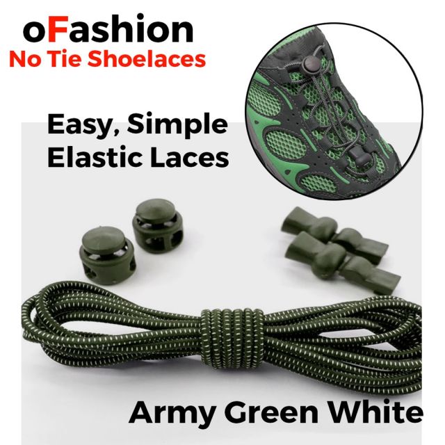 Smart Lock Elastic Shoelaces Army Green White Stripes