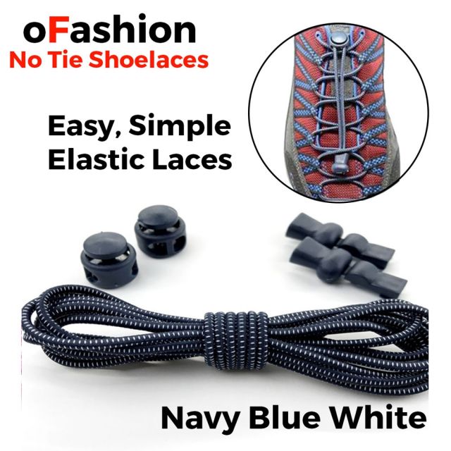 Smart Lock Elastic Shoelaces Navy Blue White Stripes