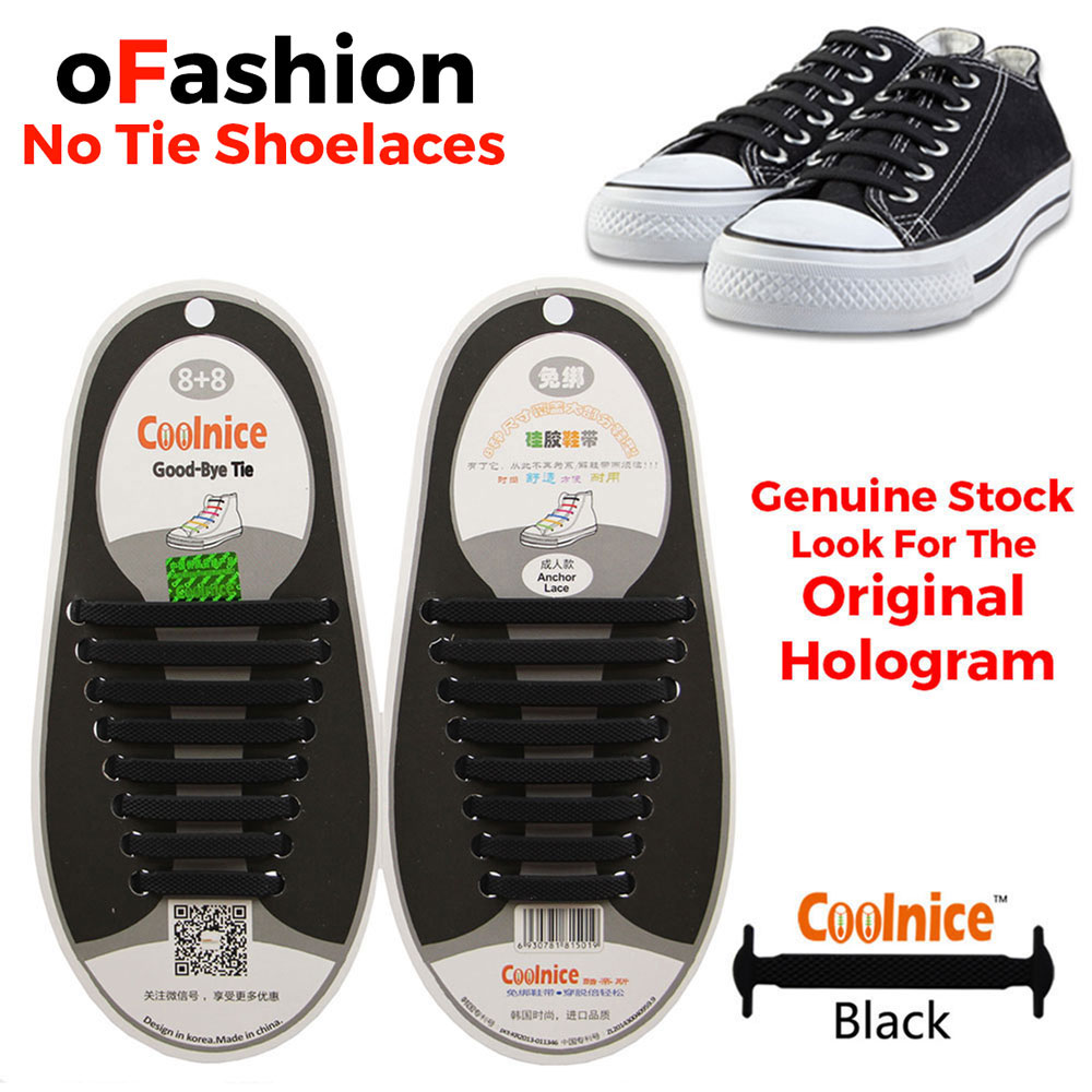 No Tie Shoelaces Silicone Black 16 Pieces Shoes - Original Banner