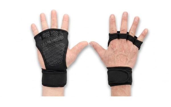 Black fingerless weight lifting gym gloves shown on both hands