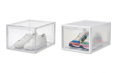 Clear shoe storage boxes for organising and protecting footwear