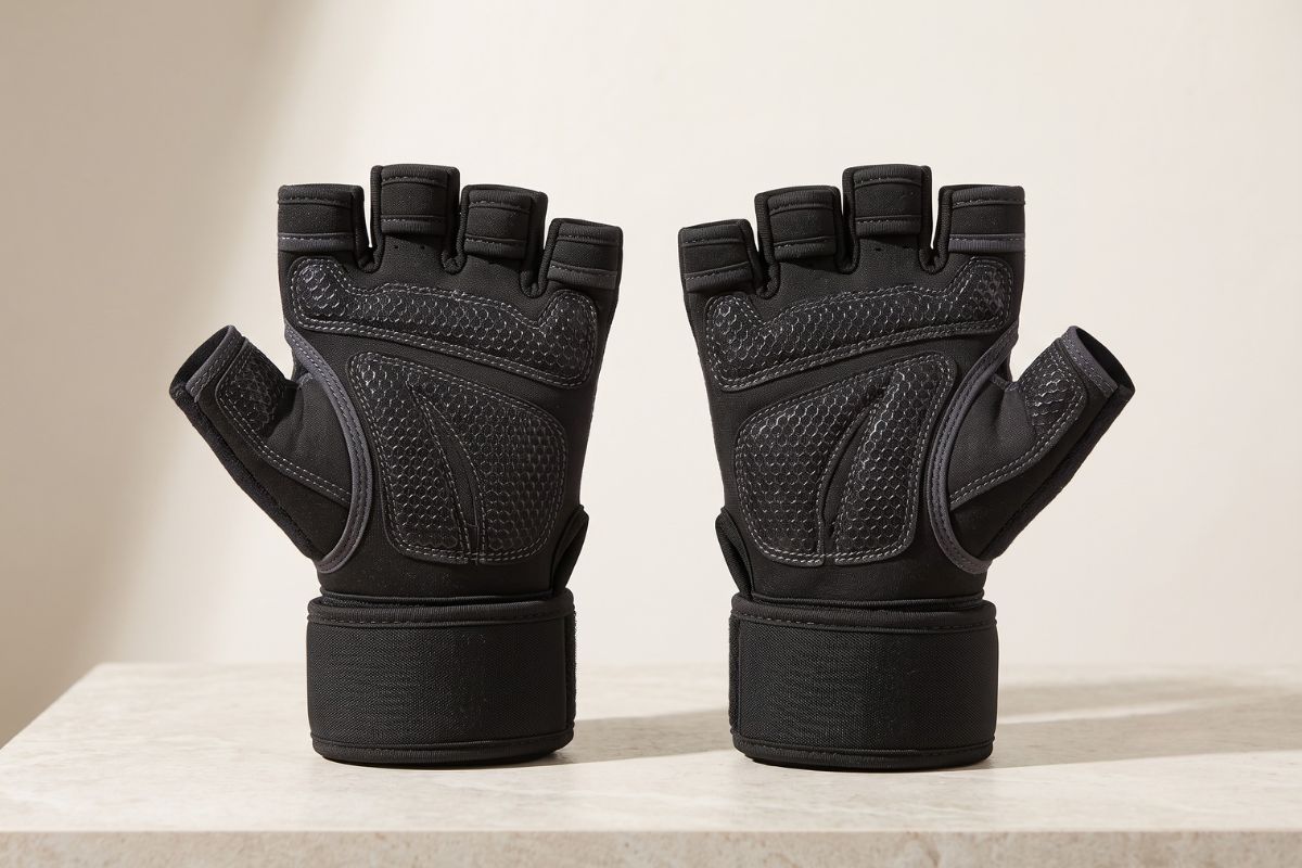 Black weight-lifting gym gloves with wrist support